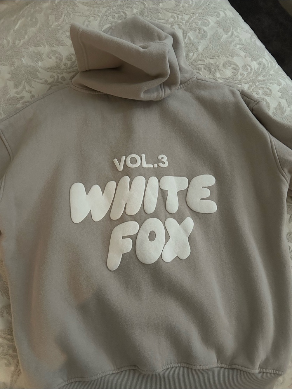 White Fox Boutique VOL.3 Puff Logo Crewneck in Light Taupe